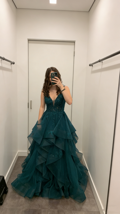 Robe de bal élégante à col en V, en tulle vert foncé avec appliques, robe de soirée longue AB2153