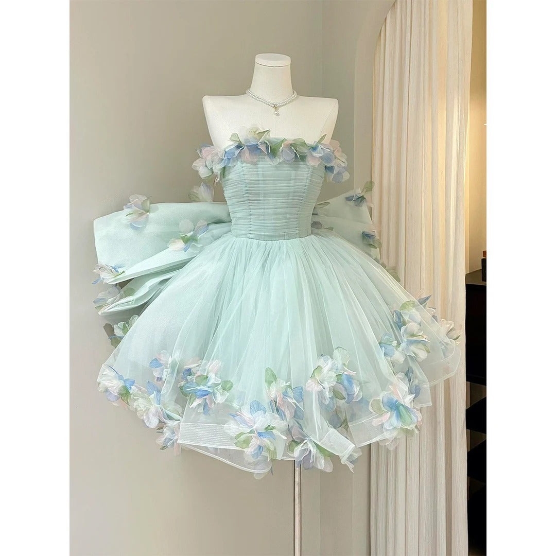 Elegant Ball Gown Strapless Mint Green Tulle With Appliqued Mini Short Cocktail Dress Homecoming Dresses Ideas Hoco Outfits RB4913