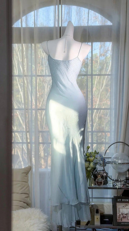 Elegante Meerjungfrauen-Abschlussballkleider mit Spaghettiträgern, hellblauem Chiffon, bodenlang, für formelle Abendveranstaltungen N3522