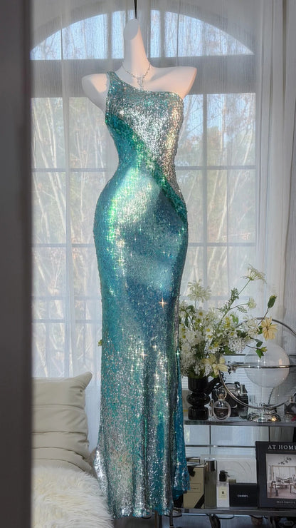 Robes de bal scintillantes sirène asymétrique à paillettes bleues, longues tenues de soirée N3541