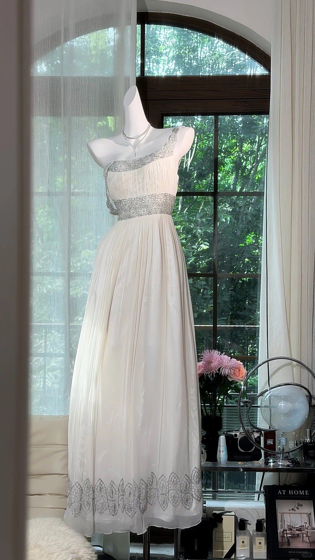 Flamboyant A Line Square Neck Chiffon White With Beaded Bodice Long Date Night Evening Outfit Formal Prom Dresses RB5278