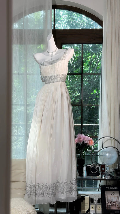 Flamboyant A Line Square Neck Chiffon White With Beaded Bodice Long Date Night Evening Outfit Formal Prom Dresses RB5278