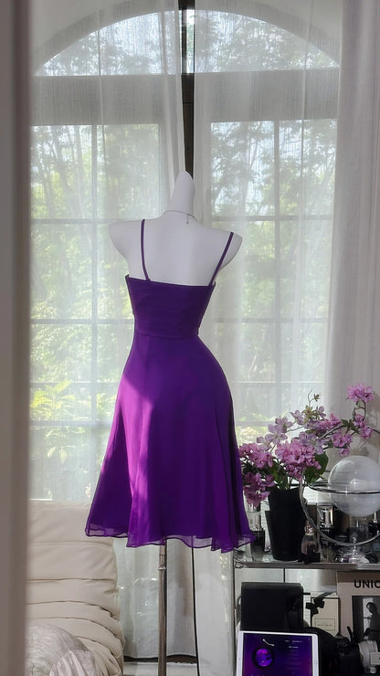 Niedliches A-Linien-Spaghettiträger-Kleid in Lila, knielang, für den 16. Geburtstag, Heimkehr-Outfits N3565
