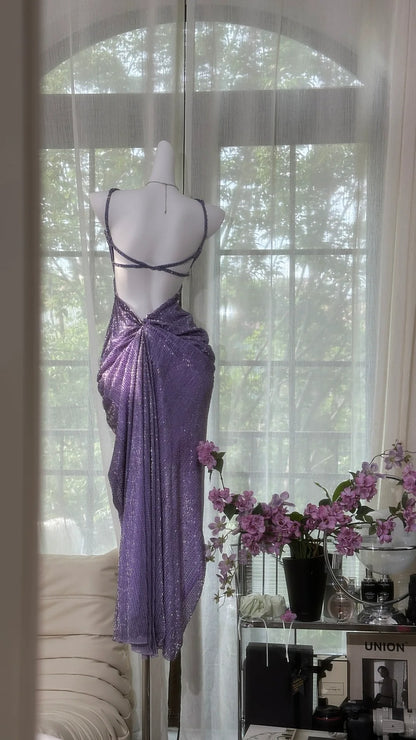 Elegante Ballkleider Meerjungfrau Spaghettiträger Lila Pailletten Schlitz Bodenlang Formelle Abendgarderobe N3532
