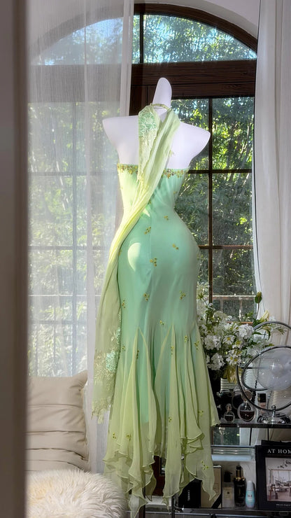 Klassisches Meerjungfrau Neckholder Grün Chiffon Mit Schal Knöchellang Abschlussballkleider Inspo Formelle Outfits RB4511