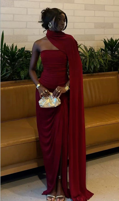 Elegantes, stilvolles burgunderrotes Maxikleid aus Chiffon, langes formelles Partykleid mit Schlitz, Geburtstagsoutfit AB2308