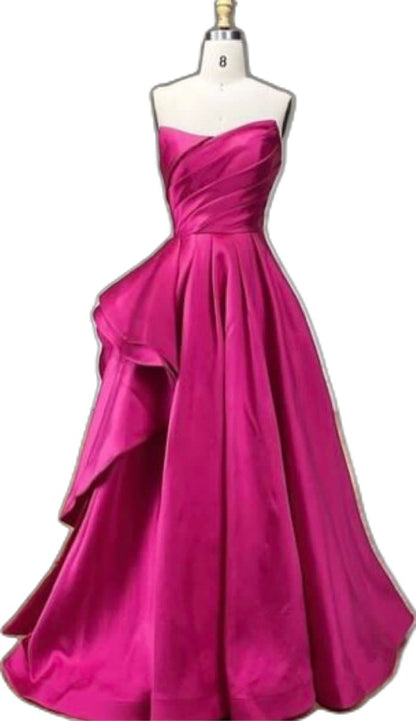 Robe de bal plissée sans bretelles en satin fuchsia, coupe trapèze, idéale pour un anniversaire (AB2346)