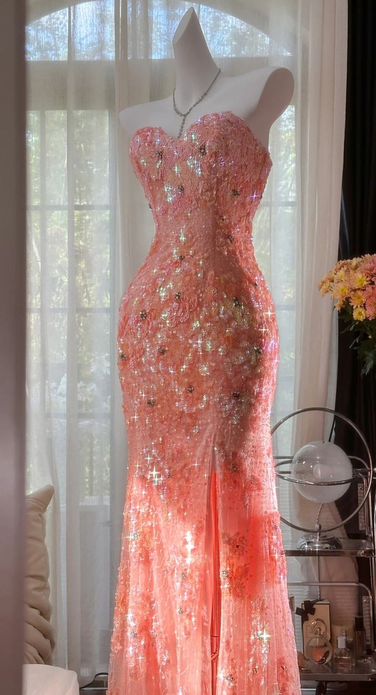 Mermaid Coral Formal Dresses Tulle Sequin Sweetheart Neck Long Prom Dresses Coral Evening Dresses AB328