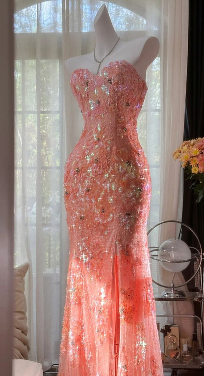 Mermaid Coral Formal Dresses Tulle Sequin Sweetheart Neck Long Prom Dresses Coral Evening Dresses AB328