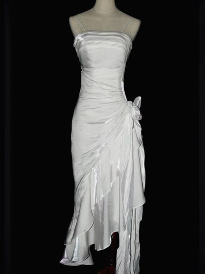 White Vintage Floral Mermaid Wedding Dress Asymmetrical Hem Prom Gown AB985
