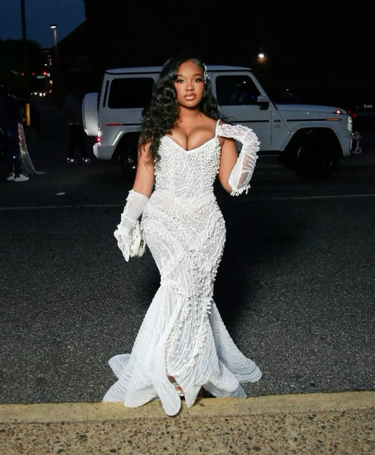 Sweetheart Ivory Mermaid High Split Court Train Sparkle Long Prom Dresses AB980