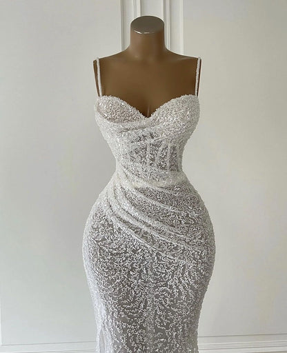 Classic Mermaid Wedding Dresses For Women Sweetheart Neck Spaghetti Strap Bridal Gown Sweep Train AB982
