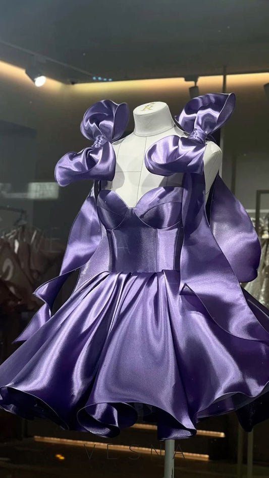 Cheap Ball Gown Spaghetti Straps Satin Grape Short 16th Birthday Dress Homecoming Dresses Cocktail Gown AB008