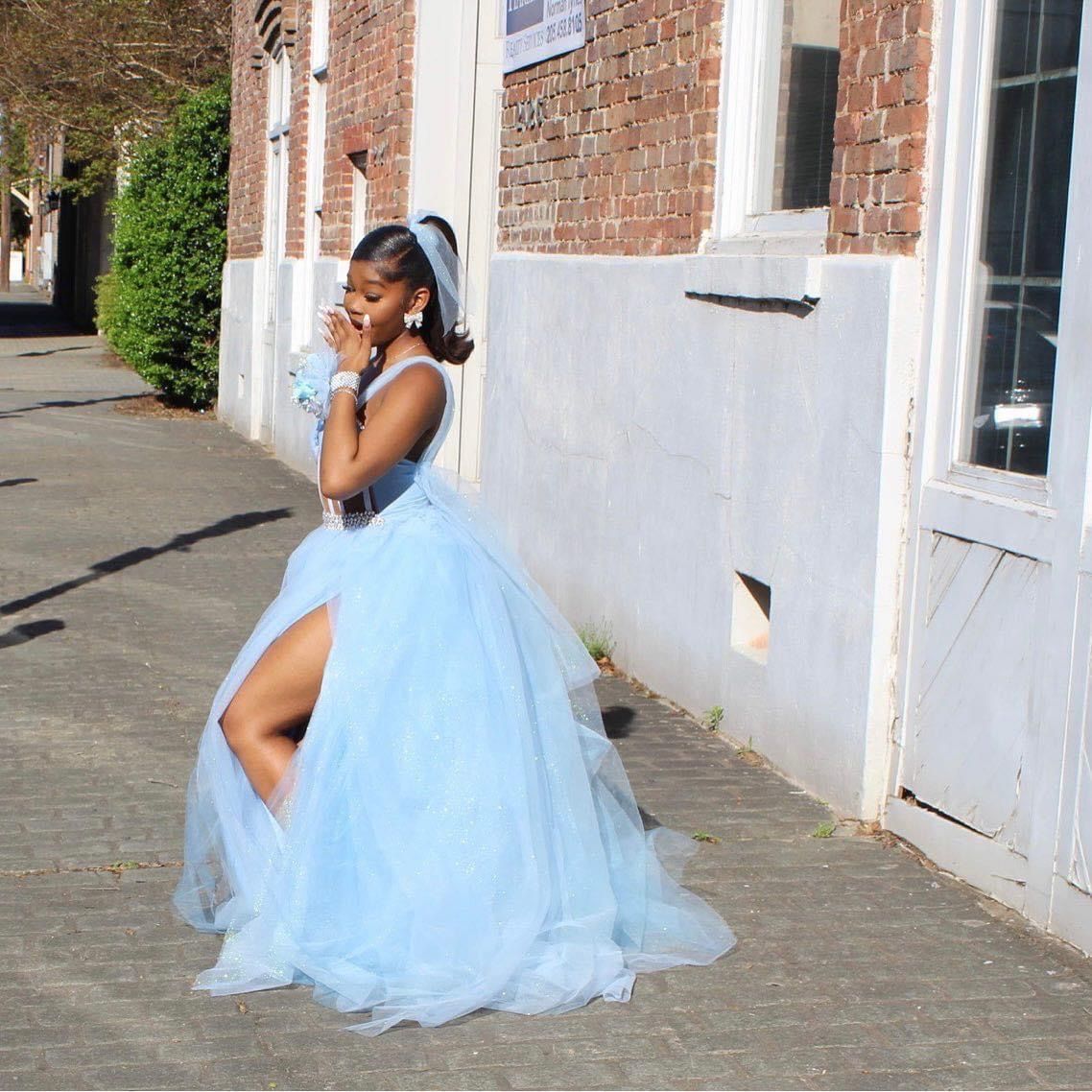 Robe de bal pour femme, robe de soirée longue en tulle bleu ciel clair, AB1714