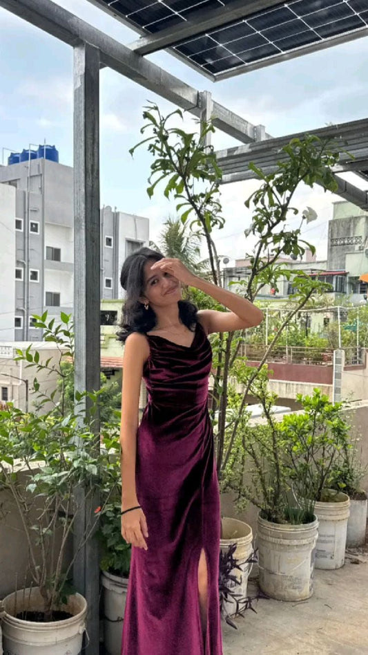 Robe de bal sirène modeste à fines bretelles en velours raisin avec fente, robe de soirée longue pour anniversaire, robe de soirée N231