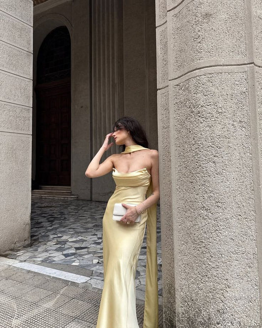 Robe de bal longue sirène bustier en satin jaune avec foulard plissé, tenue de soirée pour un 20e anniversaire N418