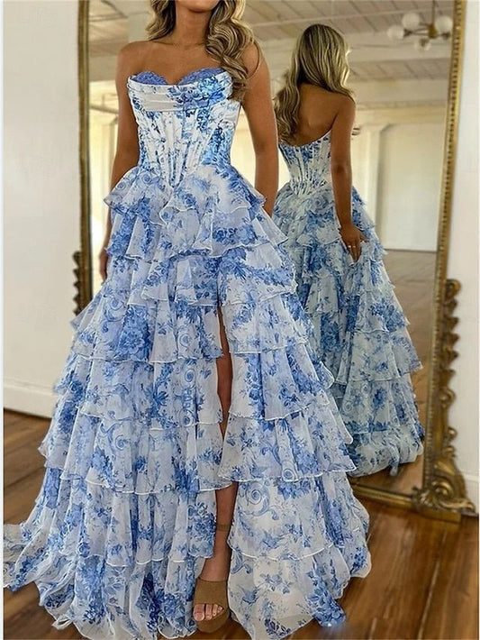 A-Line Floor Length Prom Dresses Elegant Floral Princess Sleeveless Strapless Prom Evening Party Chiffon With Floral Print N1861
