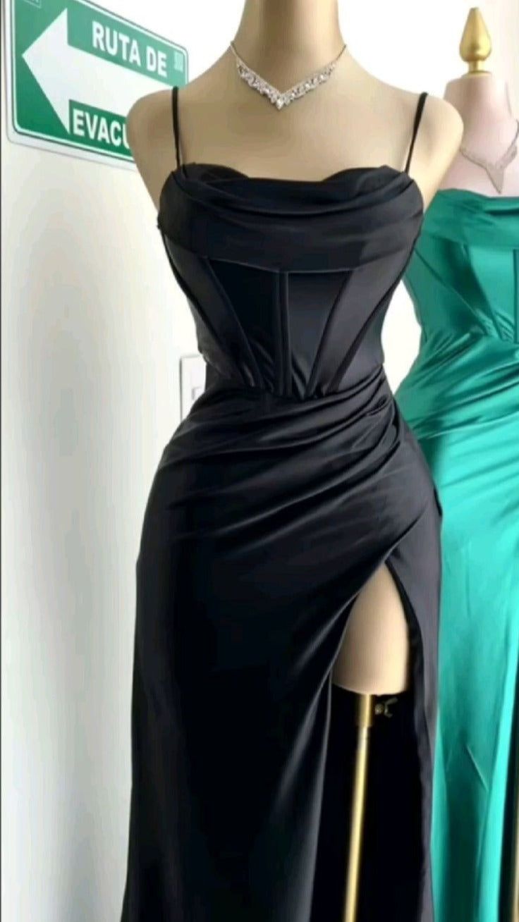 Simple Spaghetti Straps Slit Mermaid Satin Long Prom Dress With Side Slit N1862