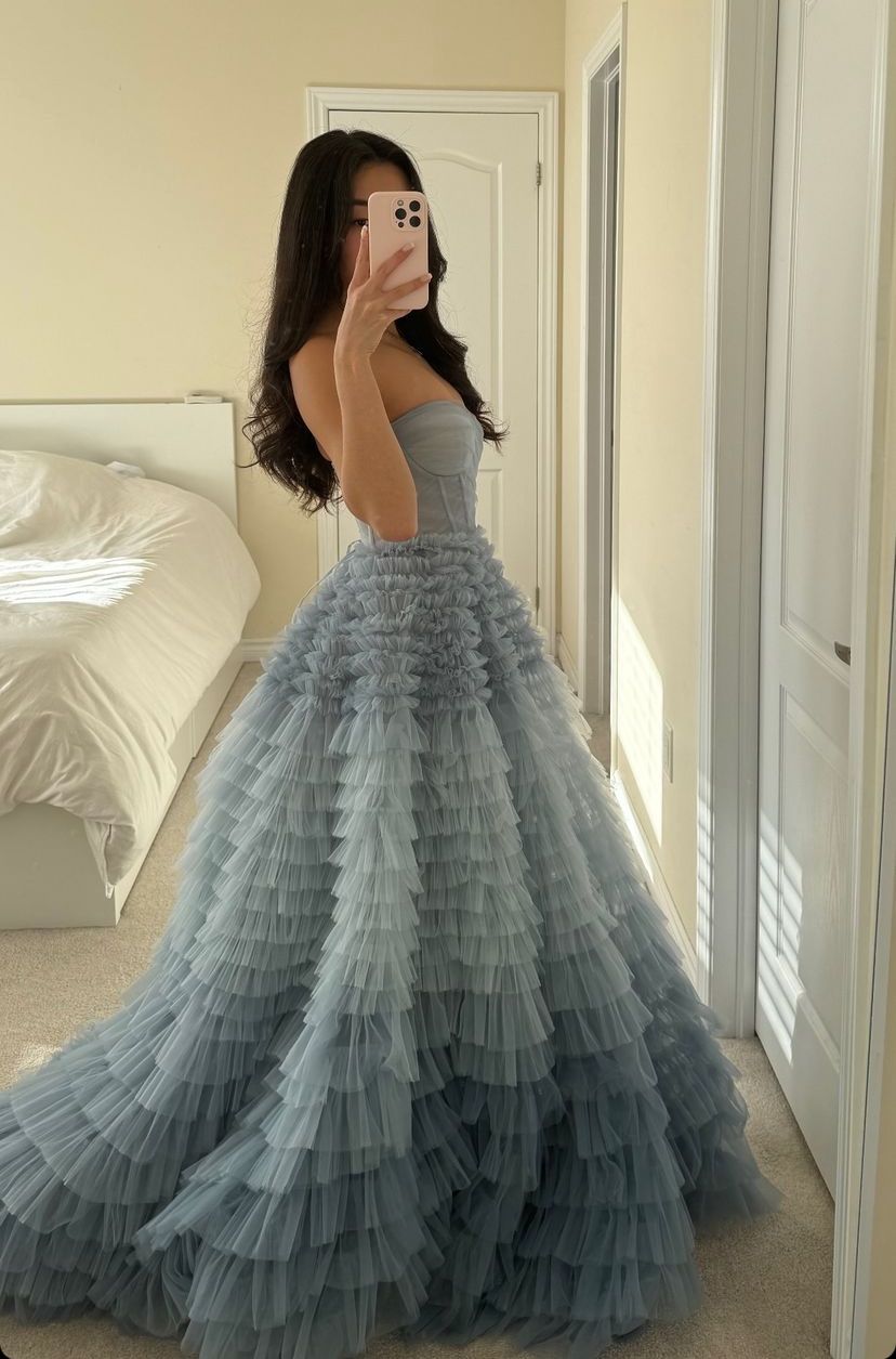 Robe de bal bustier cœur à volants en tulle long, robe de soirée pour les 15-16 ans, AB1754