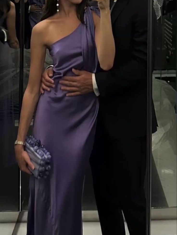 One Shoulder Purple Satin Mermaid Long Evening Prom Dresses AB1550