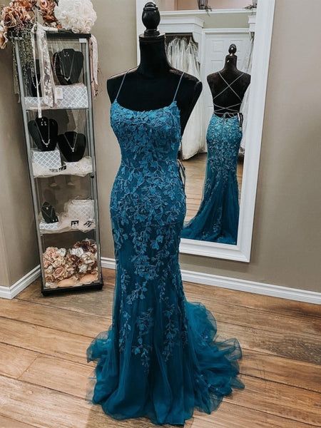 Dunkelblaues Meerjungfrauen-Abendkleid mit Spaghettiträgern und Applikationen AB1585