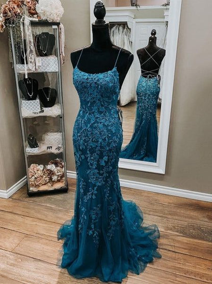 Dunkelblaues Meerjungfrauen-Abendkleid mit Spaghettiträgern und Applikationen AB1585