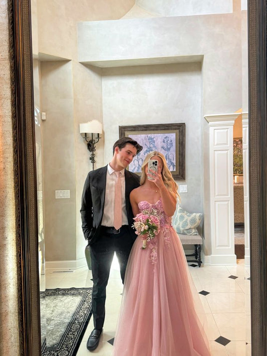 Pink A-Line Strapless Empire-Waist Appliques Tulle Long Prom Dress Party Dresses AB1562