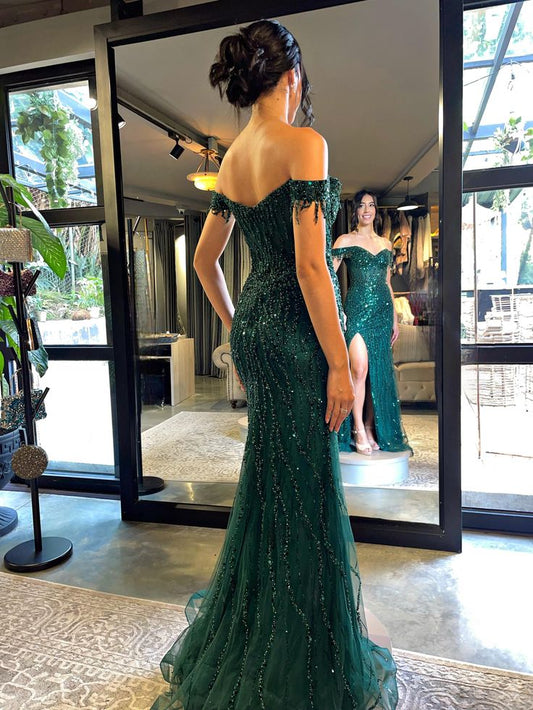 Green Mermaid Lace Beaded Off-Shoulder Formal Prom Dresses  AB1580