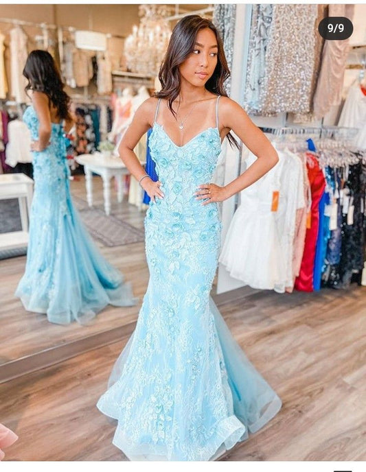 Blaues Tüll-Spitzen-Partykleid, Meerjungfrauen-Stil, Spaghettiträger, langes, sexy Ballkleid, Abendkleid AB1568