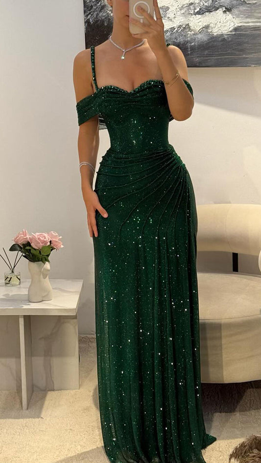 Sweetheart Straps Sparkly Pleated Sheath Prom Dress Long Party Dress AB1582