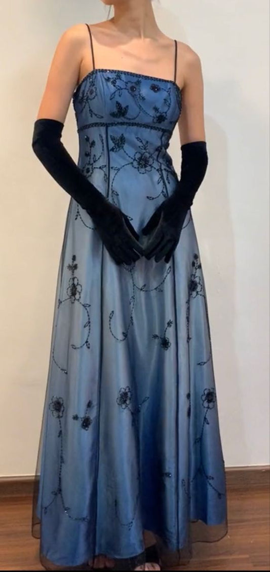 Vintage Prom Dresses A line Spaghetti Strap 90s Sleeveless Gradient Blue Evening Formal Dress RB3014