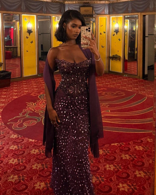 Dreamy Sweetheart Sleeveless Grape Sequin Prom Dresses Mermaid Sheath With Scarf For Women N4059