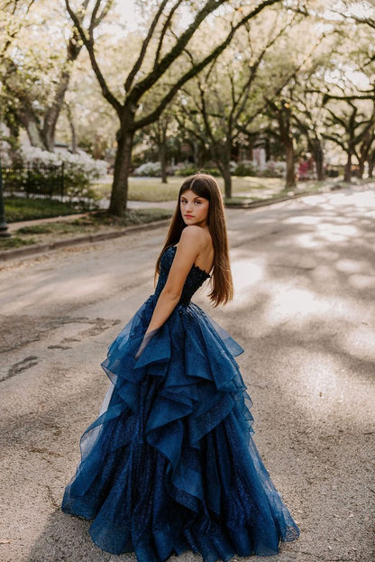 Robe de bal sobre, bustier cœur, tulle bleu marine, longue, robe de soirée formelle AB475