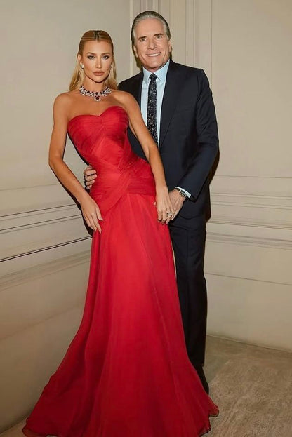 Robe de bal sirène rouge sans bretelles, plissée, en mousseline, sans manches, AB423