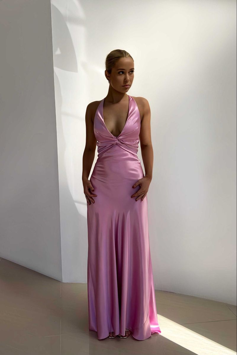 Robe de soirée longue rose satinée, style sirène, dos nu, en satin, idéale pour l'été, la plage ou un bal de promo (N1396)