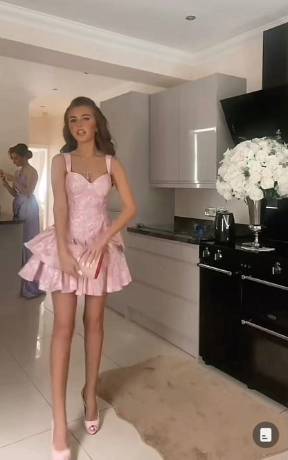 Mignonne Robe d'été courte rose à bretelles coupe trapèze pour anniversaire, robe de bal, tenue d'anniversaire, mini-robes de soirée pour 19e anniversaire RB4157