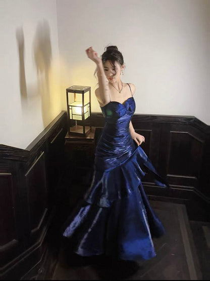 Robe de bal sirène élégante à bretelles spaghetti, longue, en satin plissé à volants, bleu royal, Vestidos De Dia AB555
