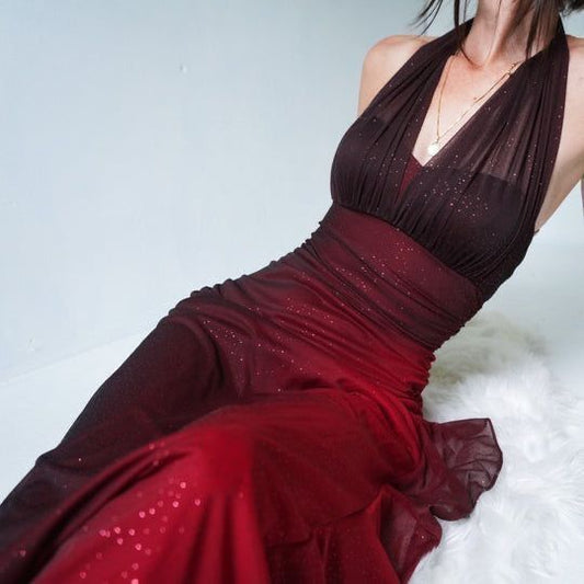 Vintage Meerjungfrauen-Halterkleid aus Chiffon in Burgunderrot – Inspiration für Teenager, formelle Kleider, Party-Outfits, Ballkleid AB1137
