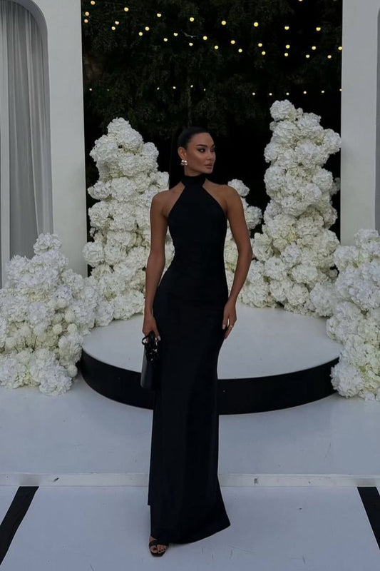 Modest Mermaid High Neck Sleeveless Black Tie Dress Spring Summer Event Outfits Wedding Guest Dresses RB3809