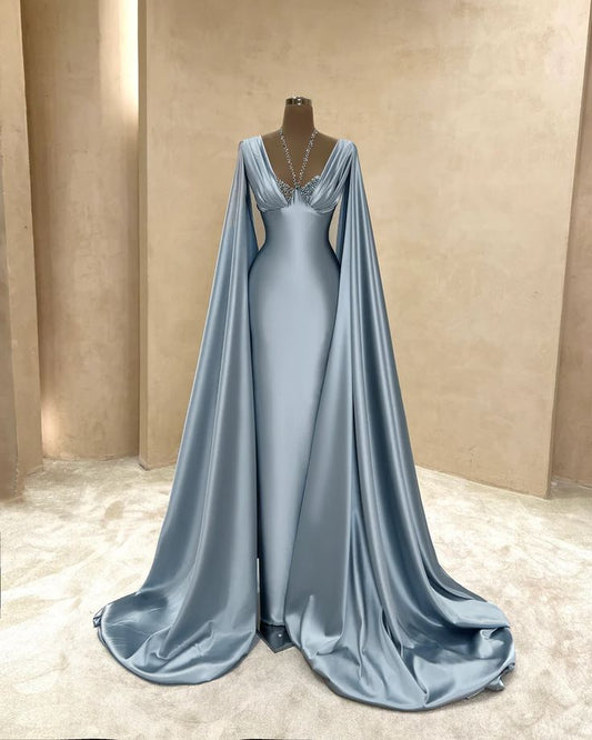 Elegantes, langes, himmelblaues Meerjungfrauen-Halterkleid aus Satin mit Perlenbesatz, ideal für festliche Anlässe wie Abschlussball, Abendveranstaltung oder Dinnerpartys (AB2077)