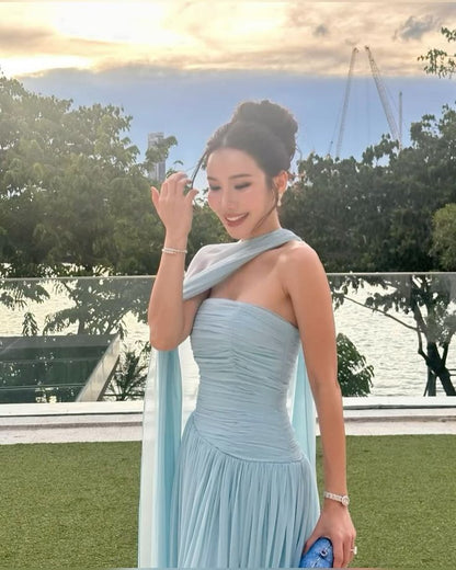 Elegantes, trägerloses, hellblaues Chiffon-Abendkleid im Meerjungfrauenstil mit tiefer Taille – perfekt für Abschlussball und Tanzabend (N425)