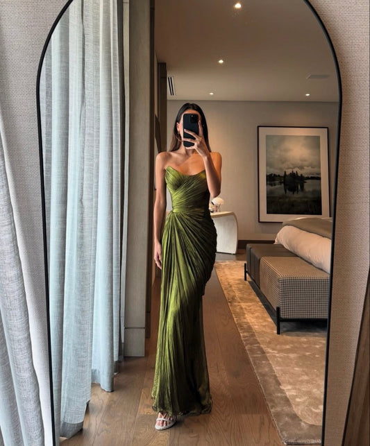Sexy Meerjungfrauen-Kleid, trägerlos, dunkelgrün mit Falten, langes Ballkleid, formelles Kleid, Partykleid, Outfit für den 20. Geburtstag N427