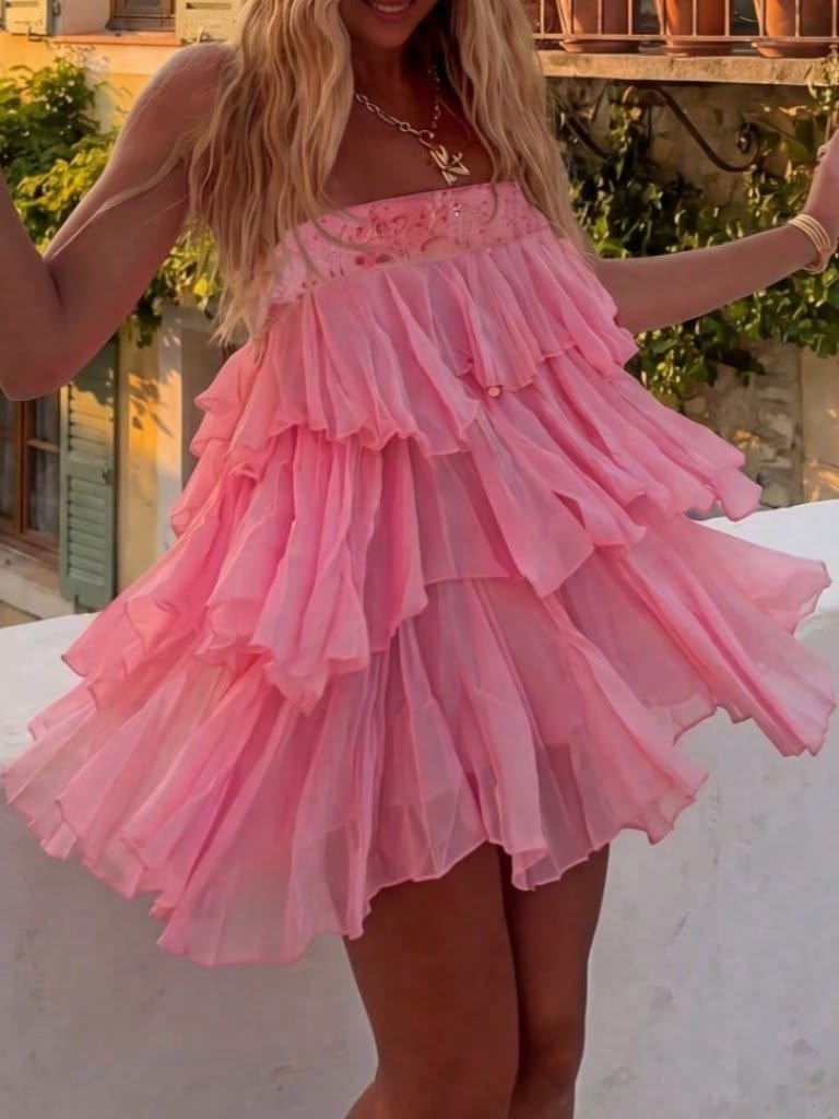 Pink Casual Women's Elegant Ruffle Strapless Dress Middle School Semi Formal Hoco Dress RB6046