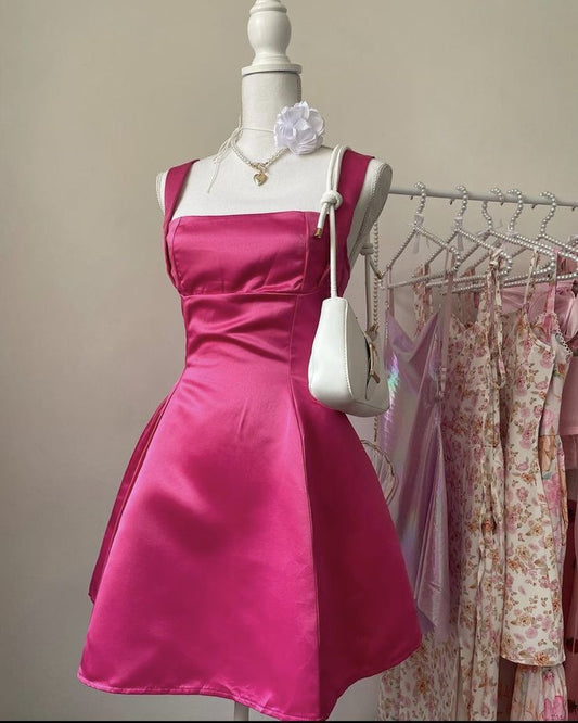 Elegant A Line Straps Pink Backless Short Satin 16th Birthday Dress Hoco Dresses N1926