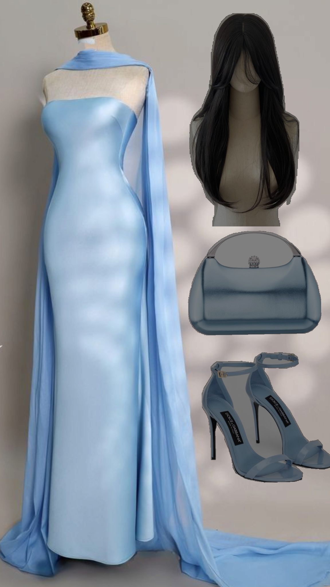Elegantes, trägerloses, hellblaues Meerjungfrauen-Abendkleid aus Satin mit Schal, perfekt für Abschlussball und Abiball (N428)