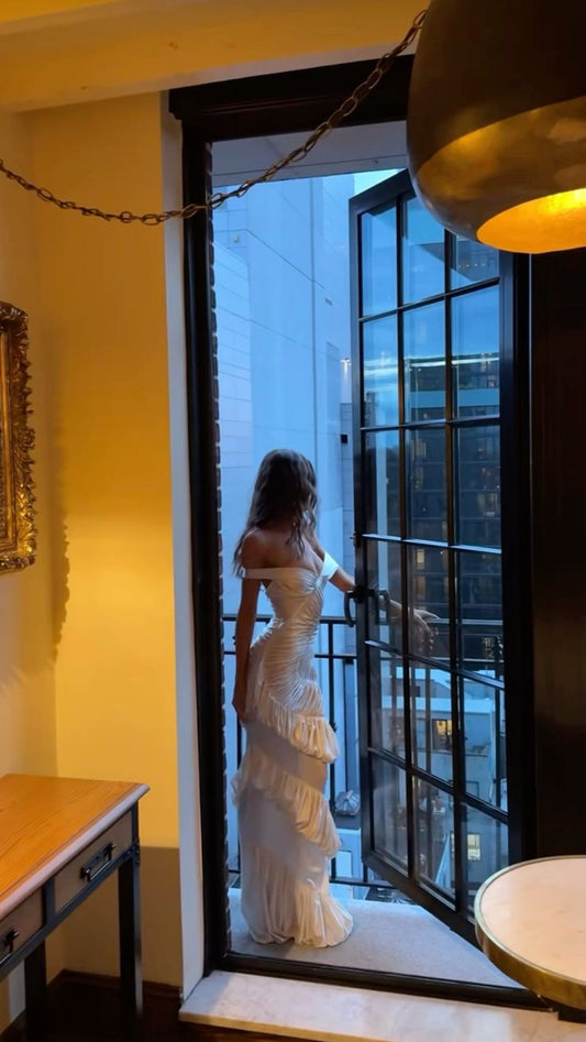 Sexy Mermaid Off The Shoulder White With Short Sleeves Long Prom Dresses Party Dress Sweet 16 Birthday Outfits Graduation Dress AB1061