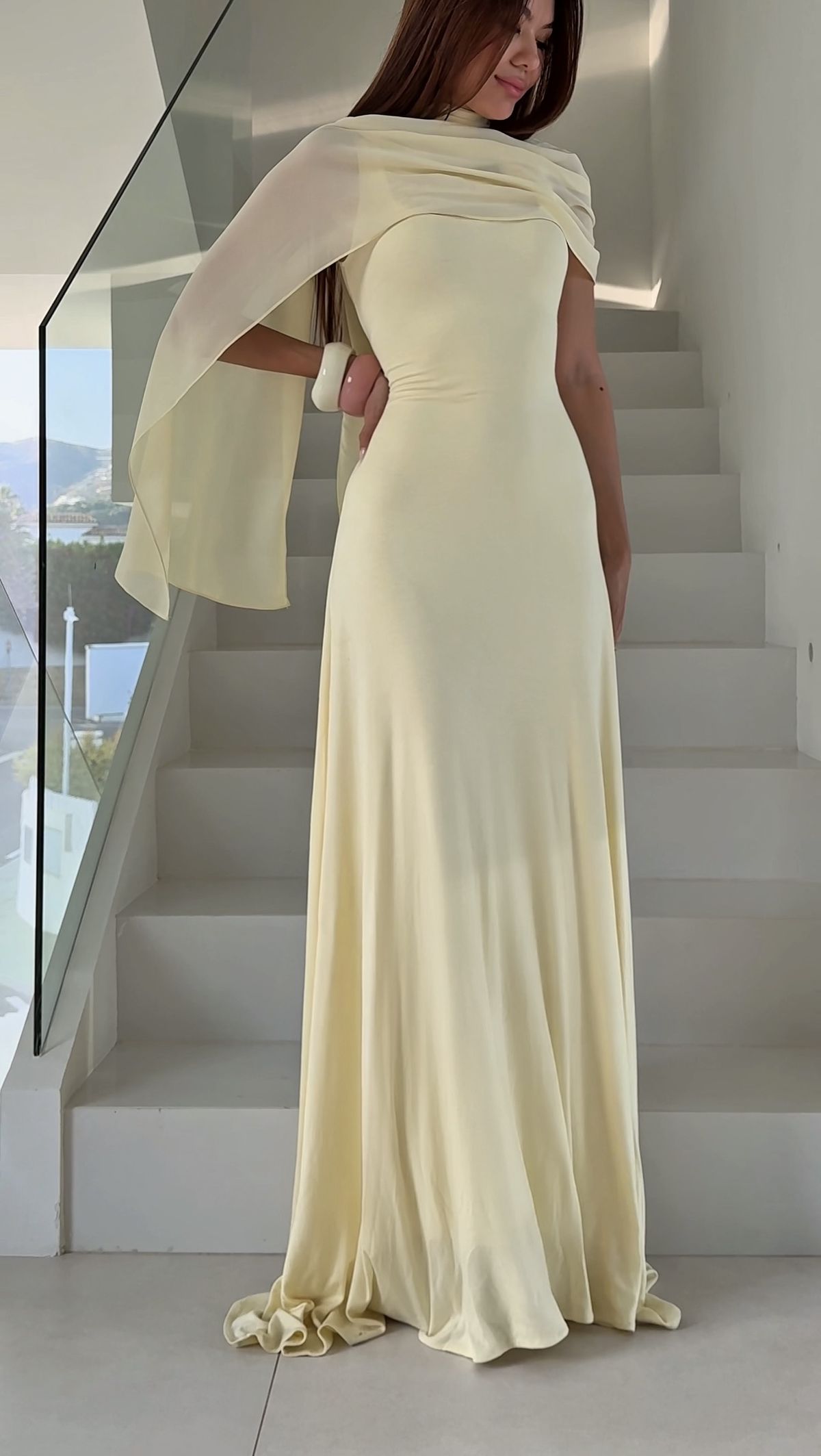 Women's Cocktail Party Gowns 90s Sheath Square Neck Chiffon Yellow With Cape Long Graduation Dinner Outfits Prom Dresses AB1869