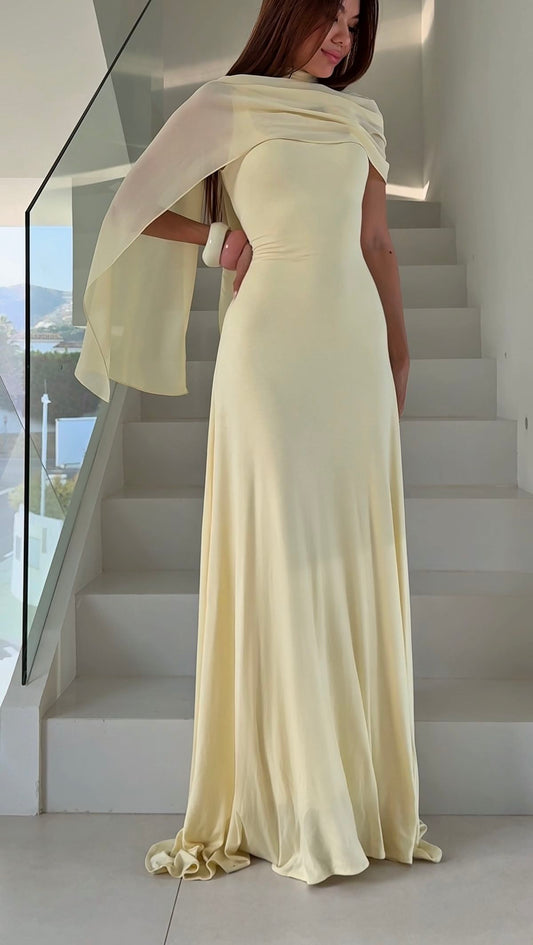 Women's Cocktail Party Gowns 90s Sheath Square Neck Chiffon Yellow With Cape Long Graduation Dinner Outfits Prom Dresses AB1869