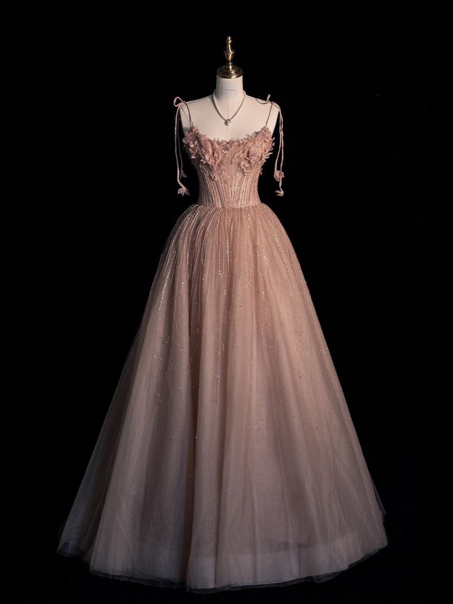 Elegantes Ballkleid mit Spaghettiträgern aus rosa Tüll mit Blumenmuster, langes Abiballkleid, Abendkleid für den Abschlussball, N433