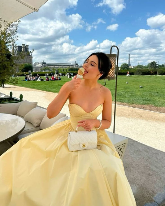 Elegant Butter Yellow Midi Dress for Summer Vacation Party Gowns Prom Dresses AB1760